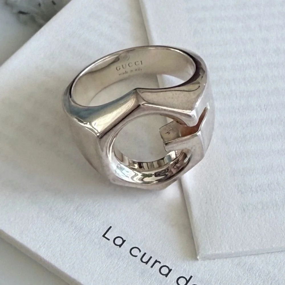 Gucci Sterling Silver Hexagon G Logo Ring Made in Italy Statement Band size 15
